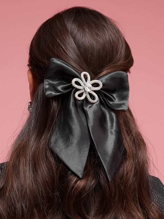Elegant Black Bow Clip Featuring Rhinestone Floral Brooch