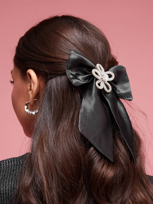 Elegant Black Bow Clip Featuring Rhinestone Floral Brooch