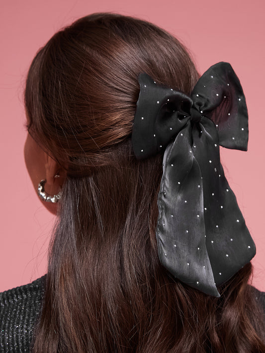 Elegant Black Sheer Hair Bow with Sparkling Rhinestones