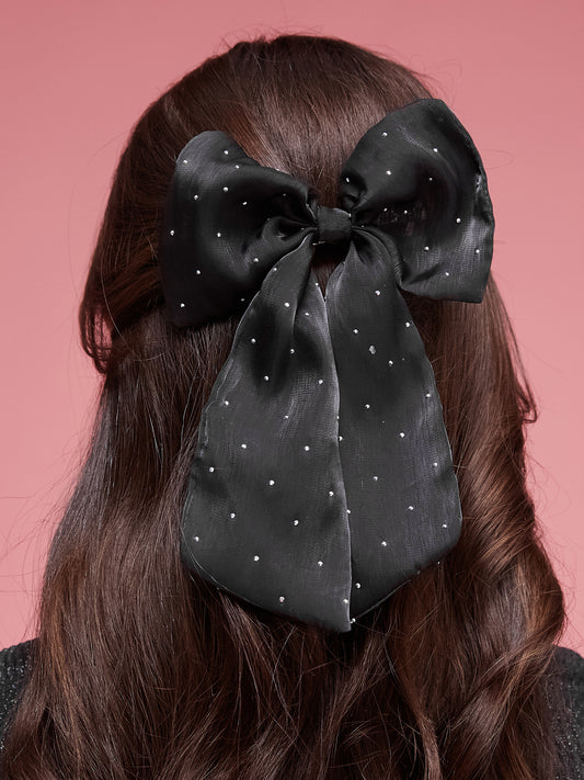 Elegant Black Sheer Hair Bow with Sparkling Rhinestones