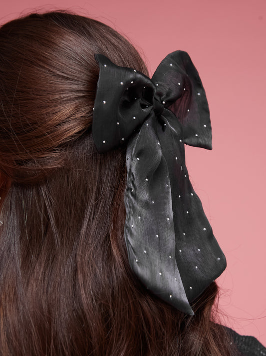 Elegant Black Sheer Hair Bow with Sparkling Rhinestones