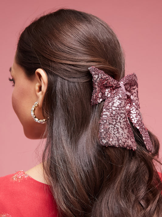 Glitter Sequin Hair Bow Clip in Rose Pink