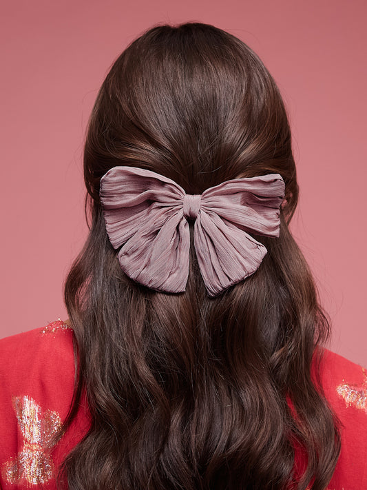 Mauve Textured Fabric Hair Bow Clip in Soft Pleated Style