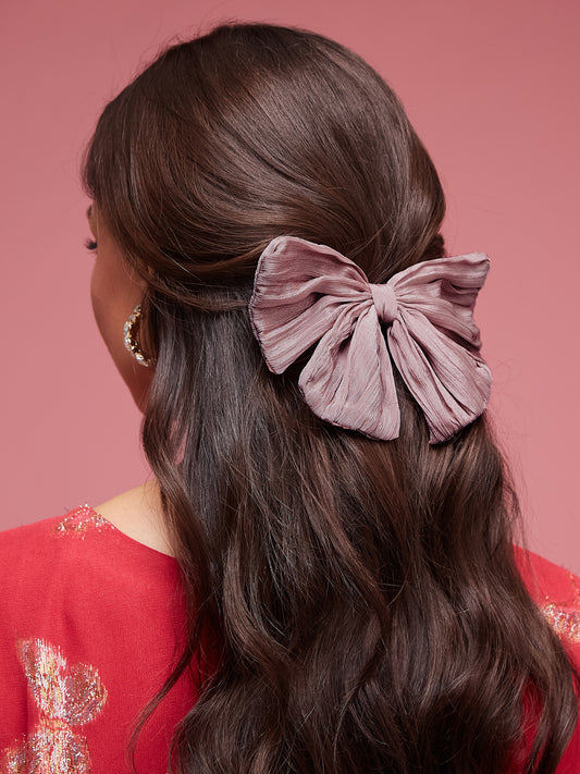 Mauve Textured Fabric Hair Bow Clip in Soft Pleated Style