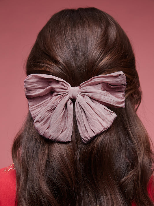 Mauve Textured Fabric Hair Bow Clip in Soft Pleated Style