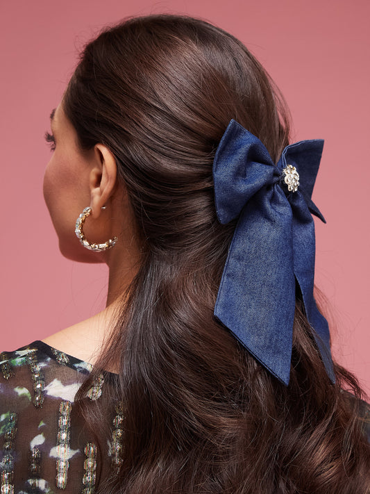 Navy Velvet Hair Bow Clip with Rhinestone Brooch Center