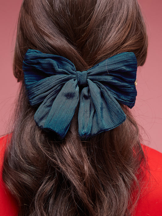 Elegant Pleated Hair Bow Clip in Moody Teal Blue