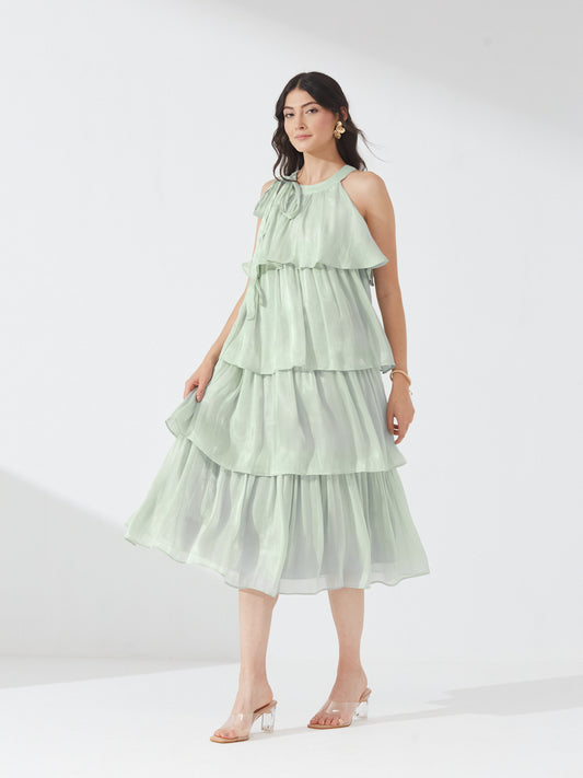 Mint Tiered Ruffle Halter Dress