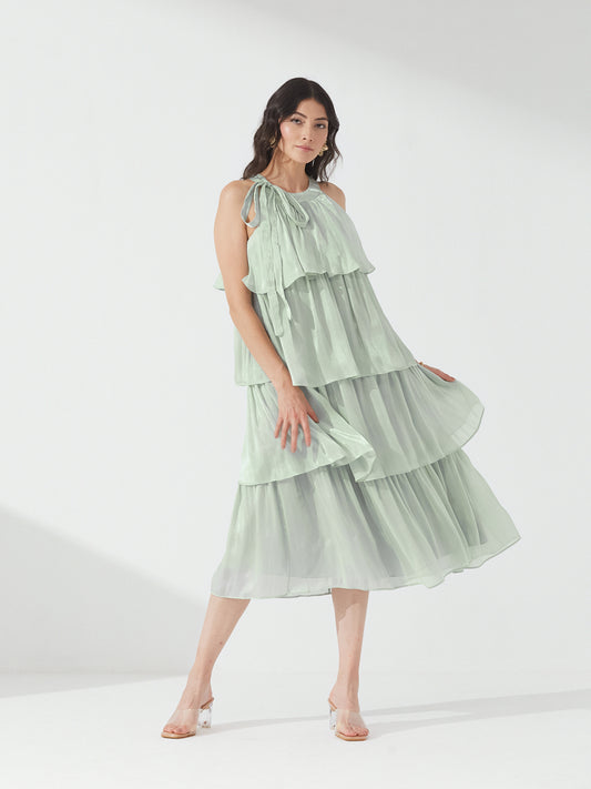 Mint Tiered Ruffle Halter Dress
