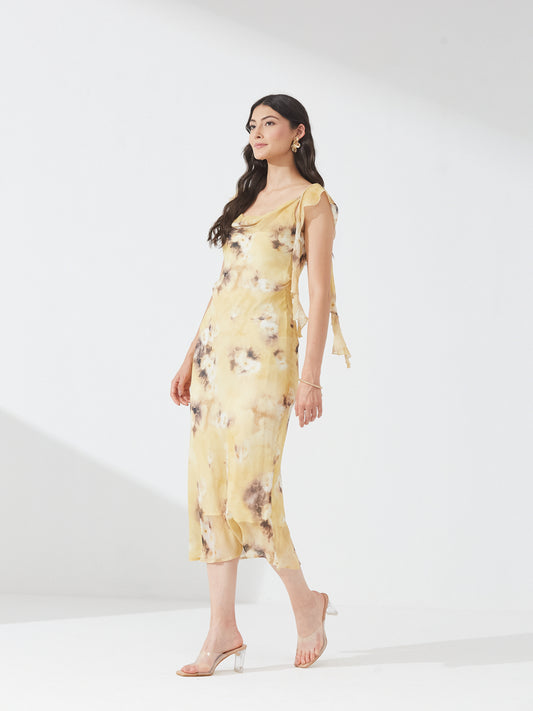 Yellow Tie-Dye Cowl Neck Dress