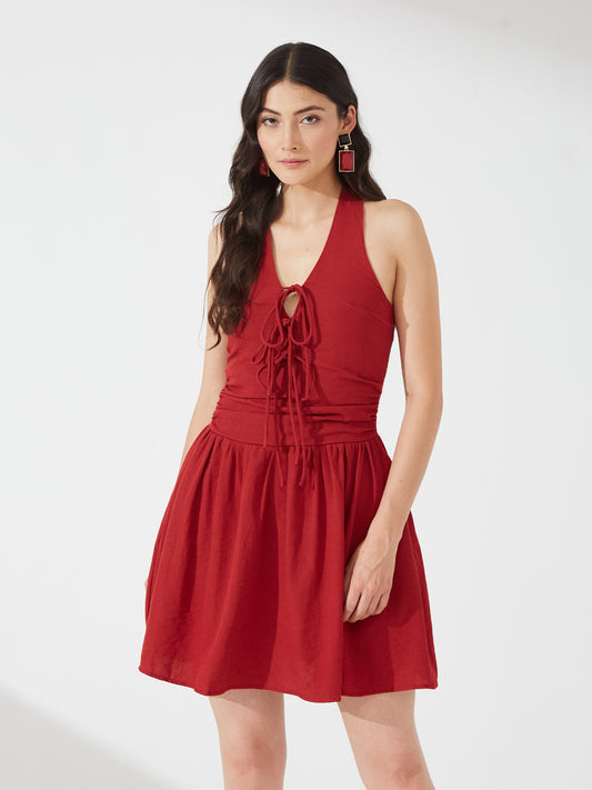 Cherry Red Halter Fit & Flare Dress