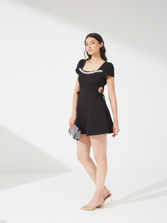 Embellished Cut-Out Black Mini Dress