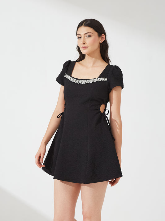 Embellished Cut-Out Black Mini Dress