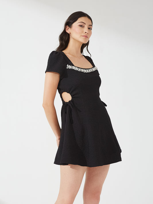 Embellished Cut-Out Black Mini Dress