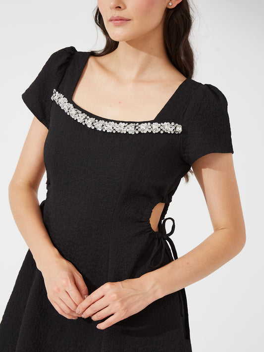 Embellished Cut-Out Black Mini Dress