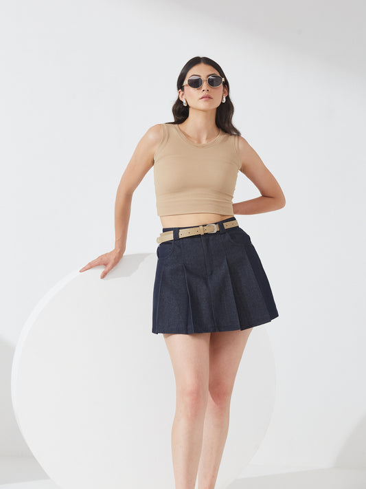 Denim box pleat skort with belt