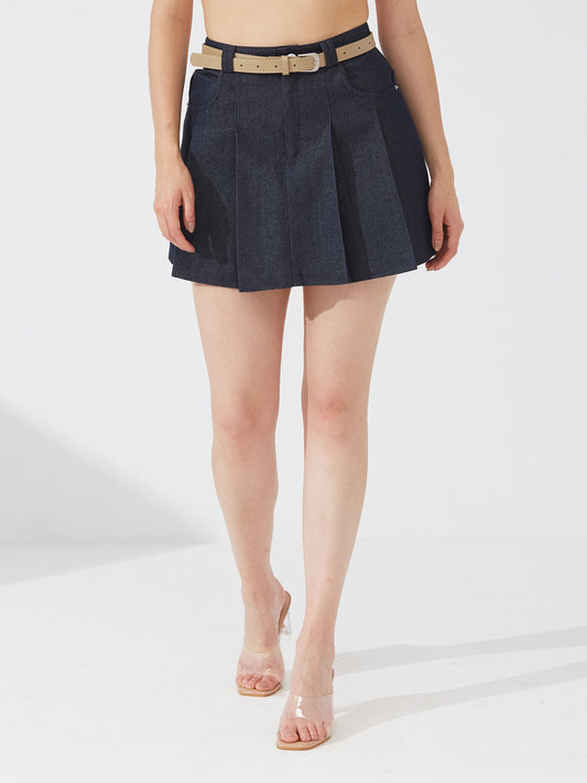 Denim box pleat skort with belt