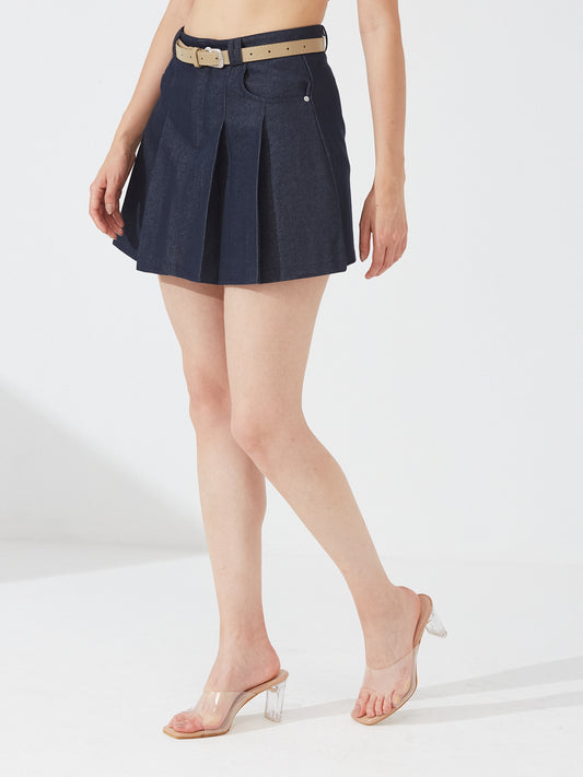 Denim box pleat skort with belt