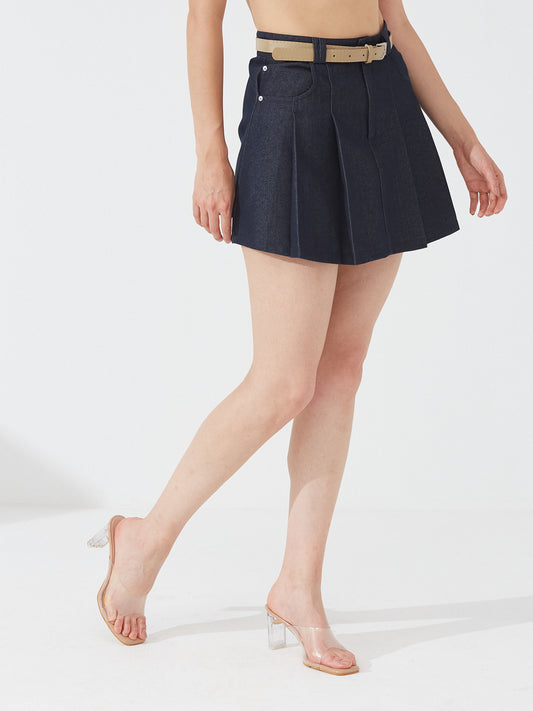 Denim box pleat skort with belt