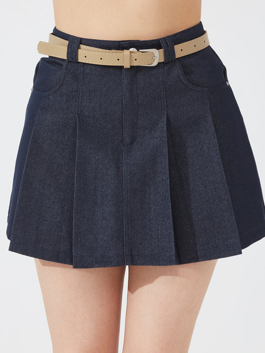 Denim box pleat skort with belt