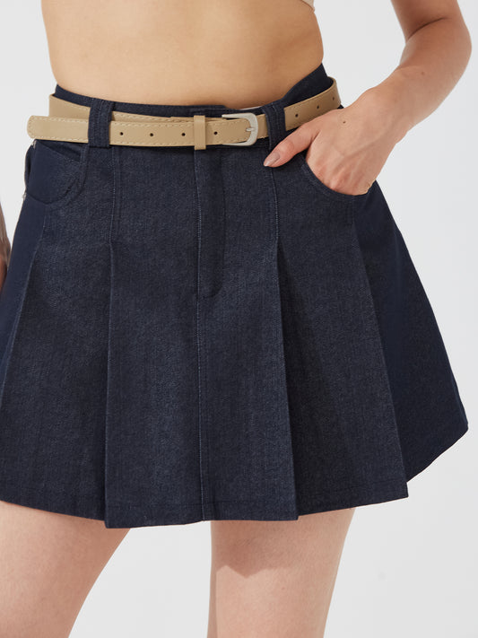 Denim box pleat skort with belt