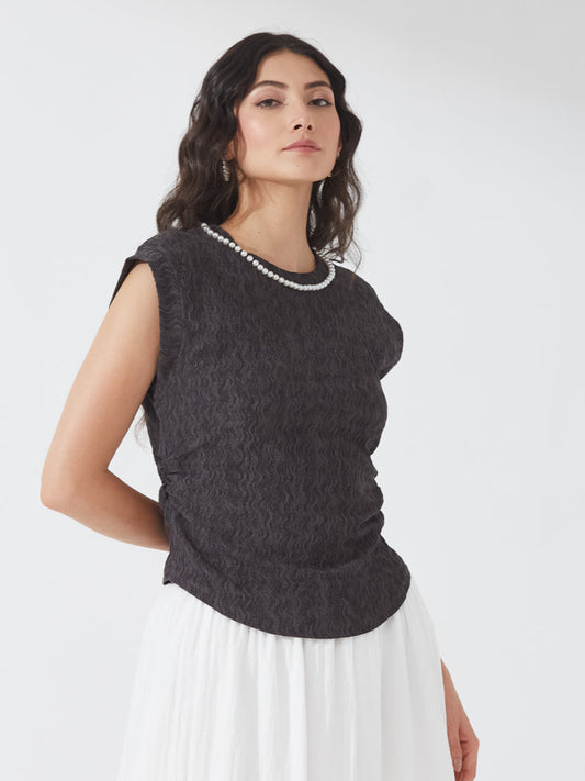Charcoal Pearl Trimmed Cap Sleeve Top