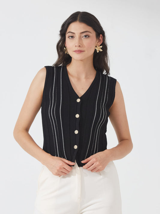 Black Ribbed Button Tank Top