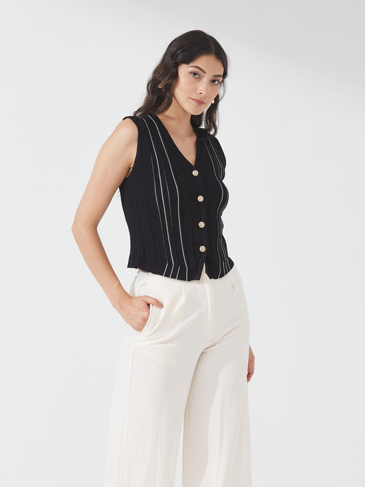 Black Ribbed Button Tank Top