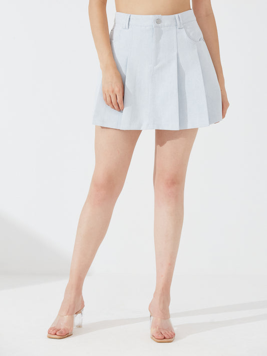 Denim box pleat skort with belt