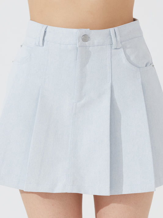 Denim box pleat skort with belt