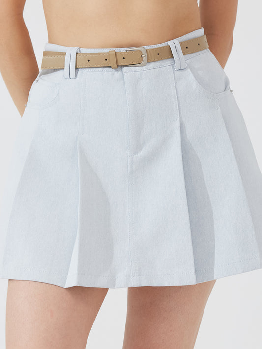 Denim box pleat skort with belt