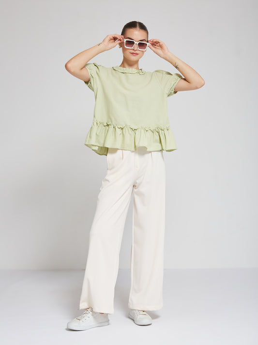 Pastel Green Puff Sleeve Frill Top