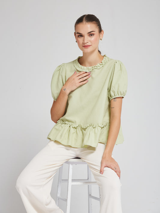Pastel Green Puff Sleeve Frill Top
