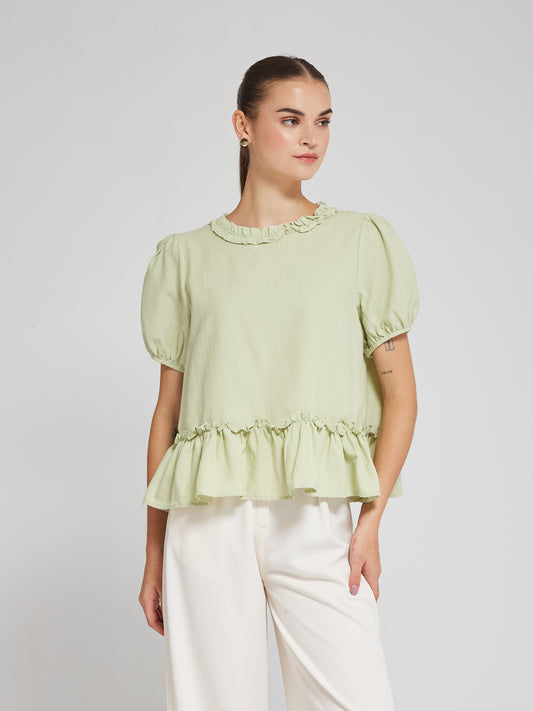 Pastel Green Puff Sleeve Frill Top