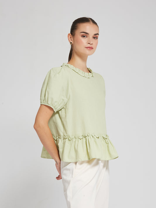 Pastel Green Puff Sleeve Frill Top