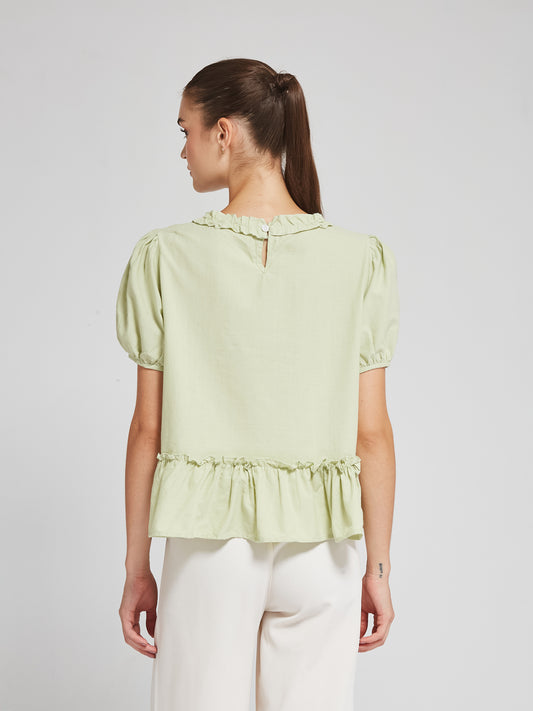 Pastel Green Puff Sleeve Frill Top