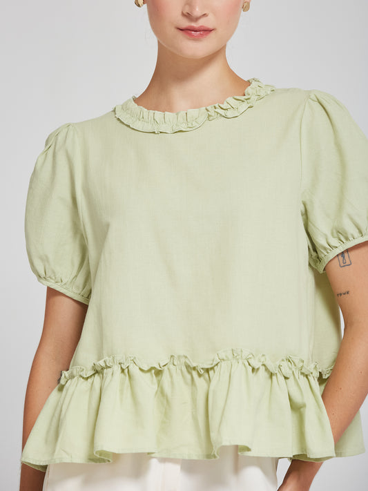 Pastel Green Puff Sleeve Frill Top