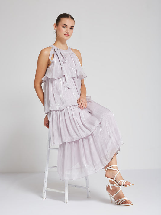 Lavender Tiered Metallic Midi Dress