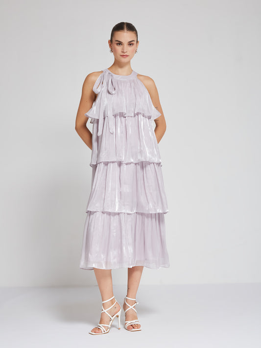 Lavender Tiered Metallic Midi Dress