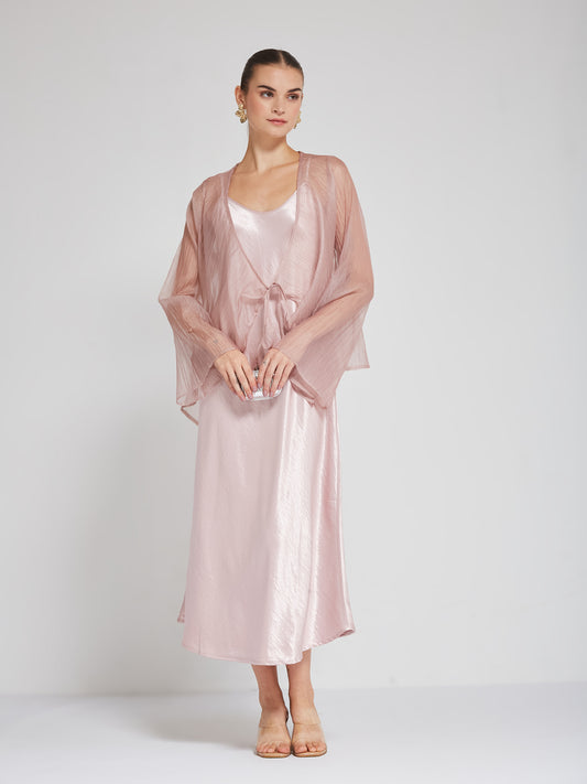 Blush Satin Slip Dress with Sheer Shrug