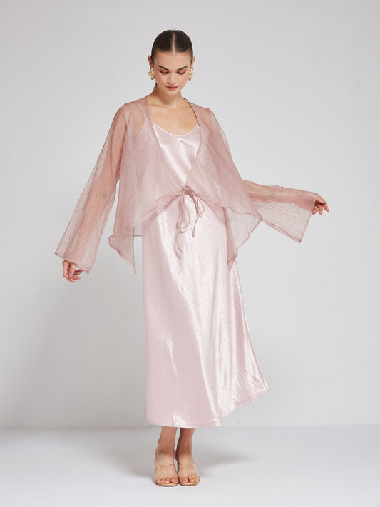 Blush Satin Slip Dress with Sheer Shrug
