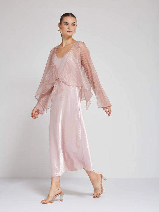 Blush Satin Slip Dress with Sheer Shrug