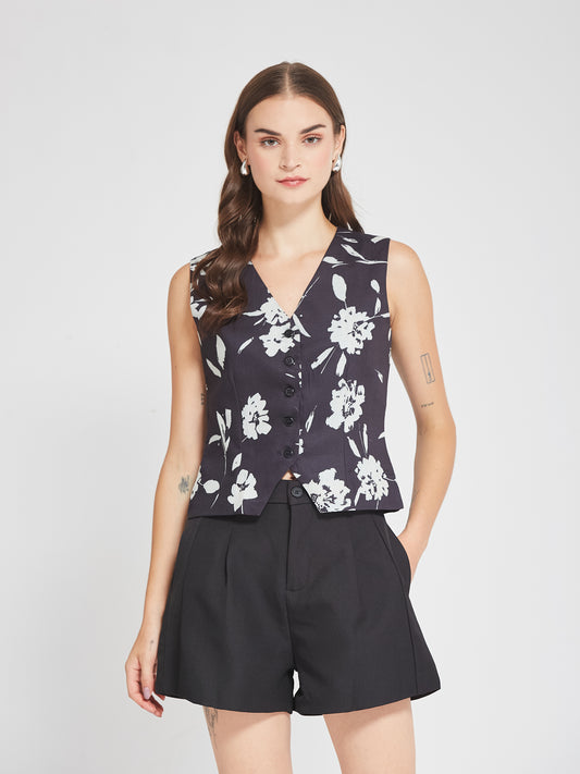 Black Floral Printed Sleeveless Waistcoat