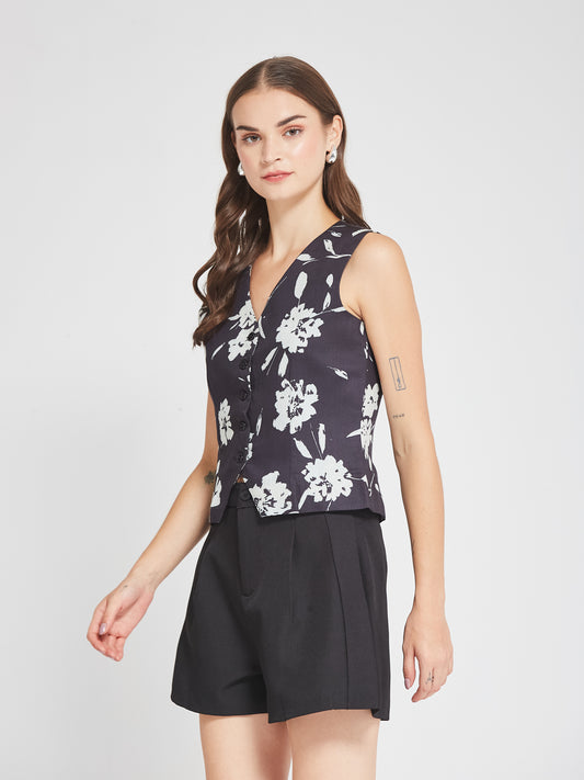 Black Floral Printed Sleeveless Waistcoat
