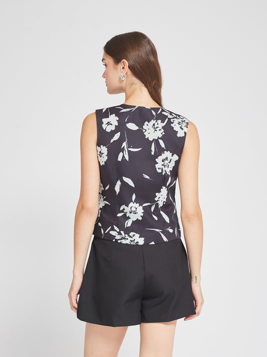 Black Floral Printed Sleeveless Waistcoat