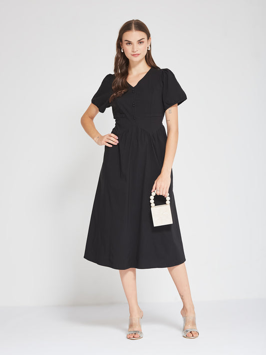 Black Puff Sleeve Buttoned Midi Dress