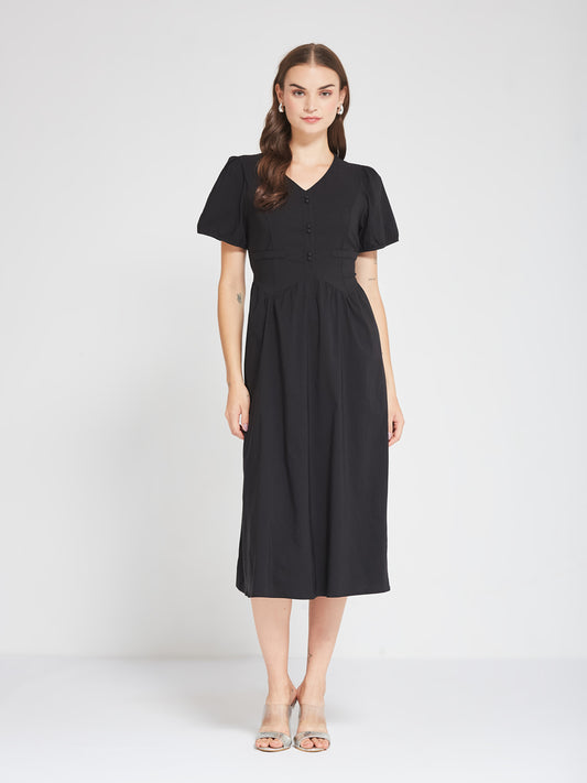 Black Puff Sleeve Buttoned Midi Dress