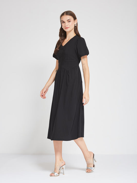 Black Puff Sleeve Buttoned Midi Dress