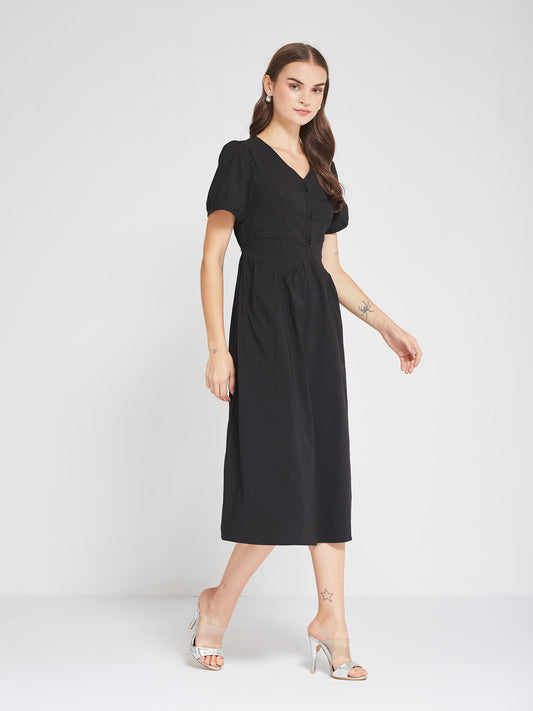Black Puff Sleeve Buttoned Midi Dress