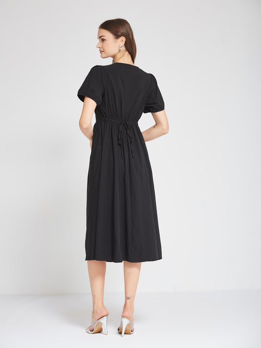 Black Puff Sleeve Buttoned Midi Dress